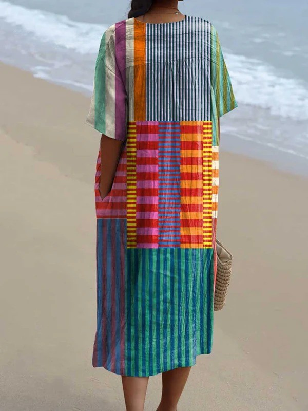 Women's Abstract Geometric Pattern Art Print Flowy Cotton Dress