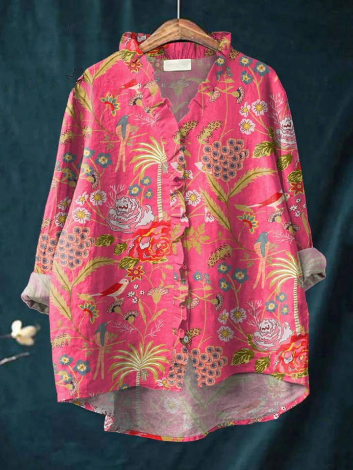 Women's  Vintage Flowers Art Print Casual V-neck Shirt