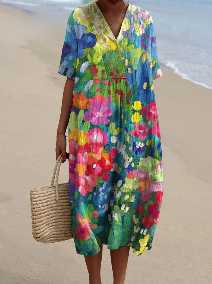 Women's Vintage Lovely Floral Art Print Flowy Dress
