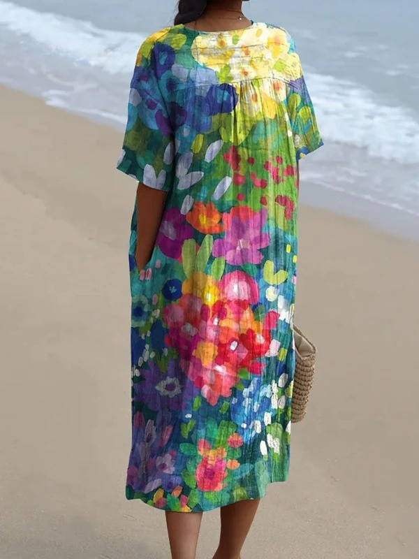 Women's Vintage Lovely Floral Art Print Flowy Dress