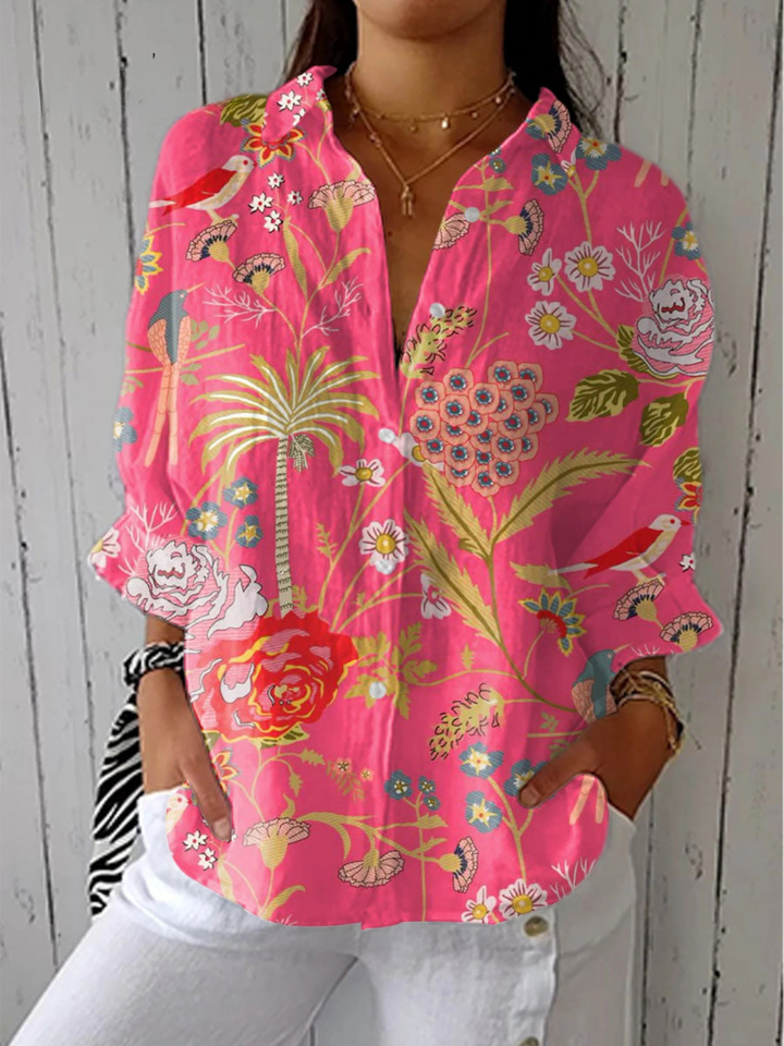 Women's  Vintage Flowers Art Print Casual V-neck Shirt