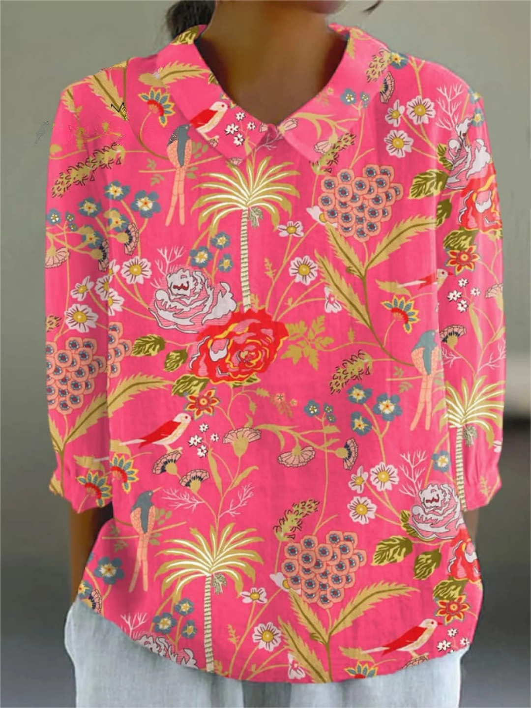 Women's  Vintage Flowers Art Print Casual V-neck Shirt