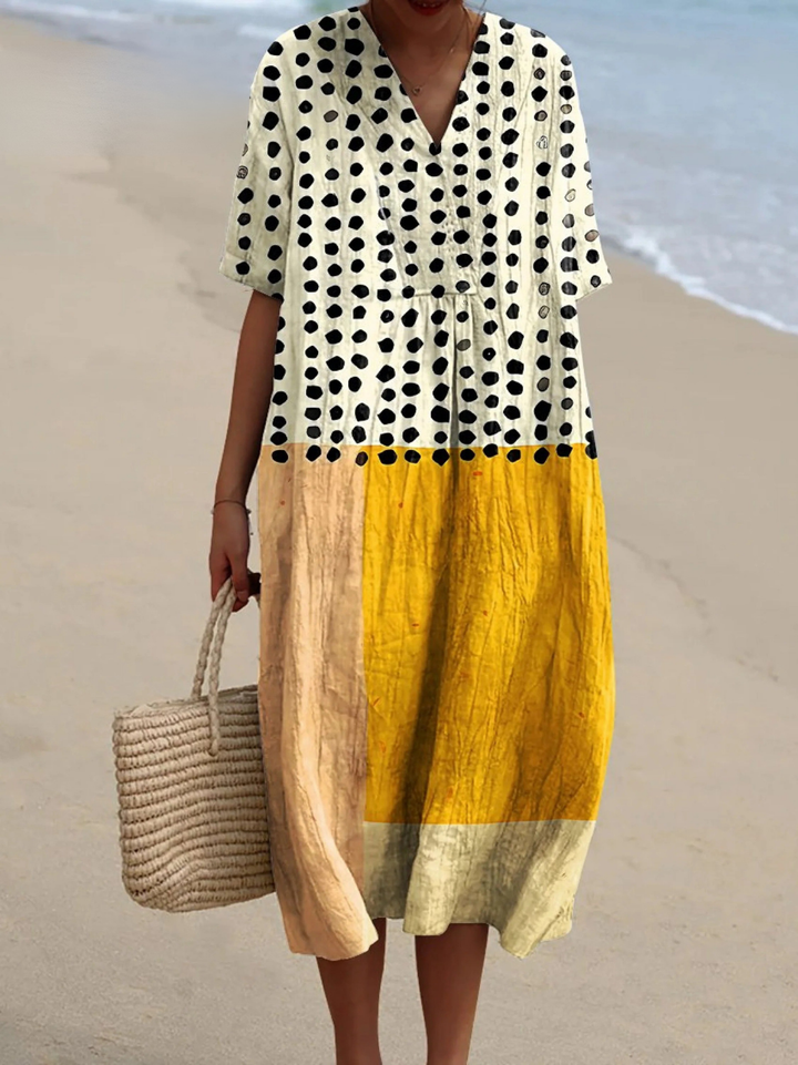 Women's Yellow Color-blocked Dots Watercolor Splash Fluid Art Print Flowy Dress