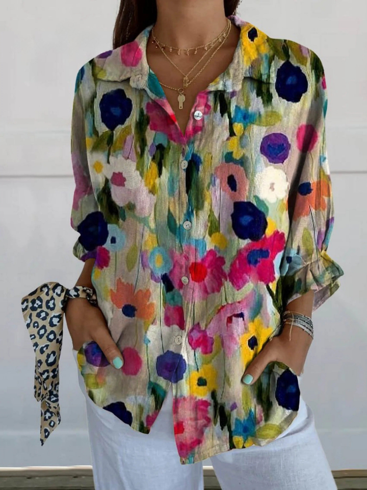 Women's Vintage Floral Art Print Casual V-neck Shirt