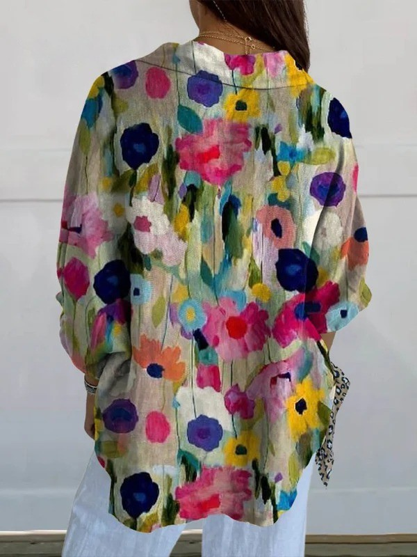 Women's Vintage Floral Art Print Casual V-neck Shirt