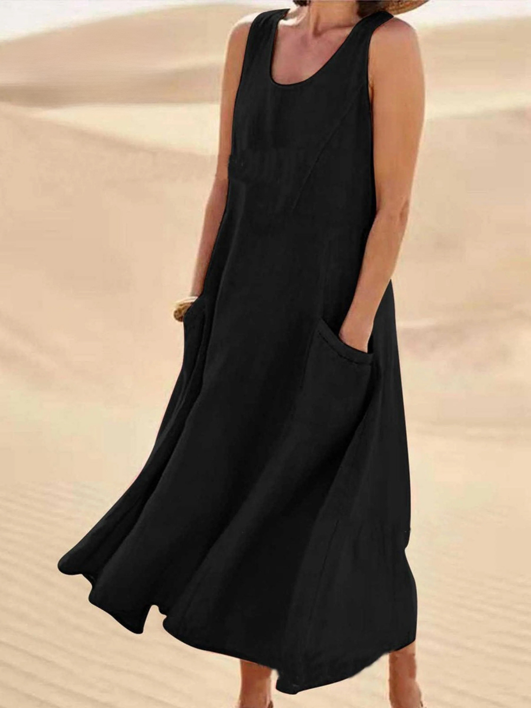 Women Sleeveless Sundress Elegant Round Neck Solid Long Tank Casual Summer Dress