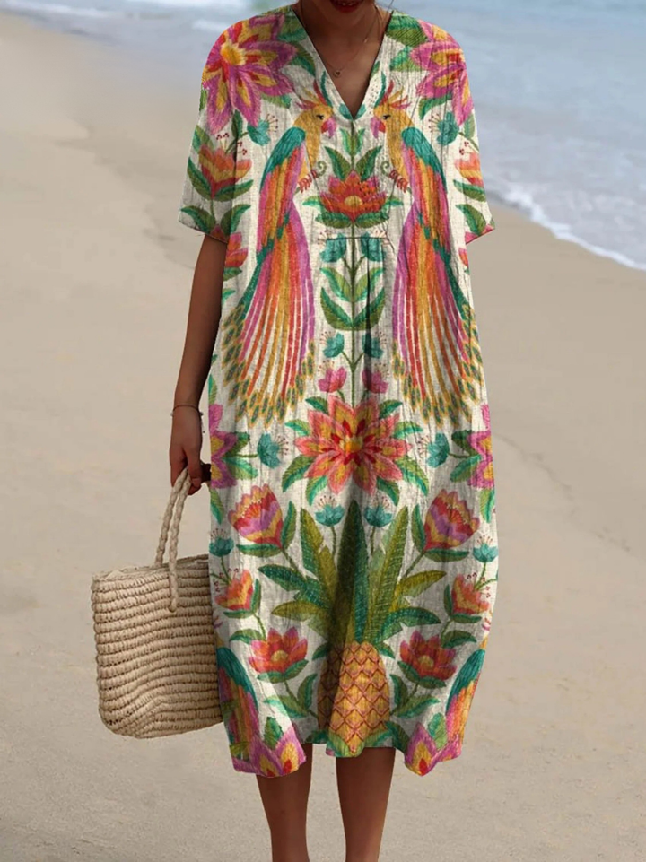 Women's Vintage Ethnic Lovely Floral Birds Art Print Flowy Dress
