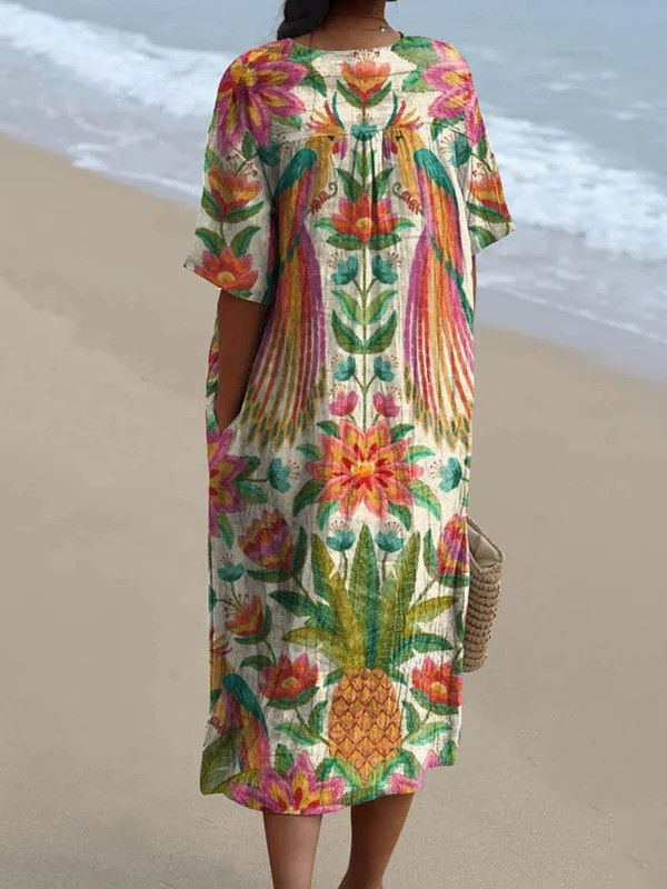 Women's Vintage Ethnic Lovely Floral Birds Art Print Flowy Dress