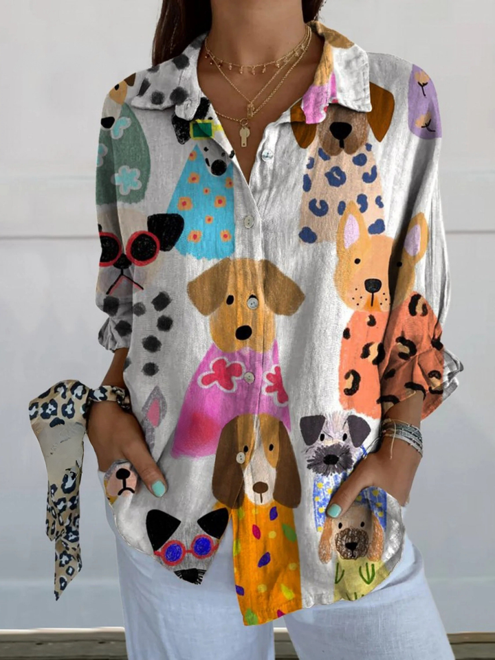 Women's Minimalist Colorful Cartoon Puppy Print Casual V-neck Shirt
