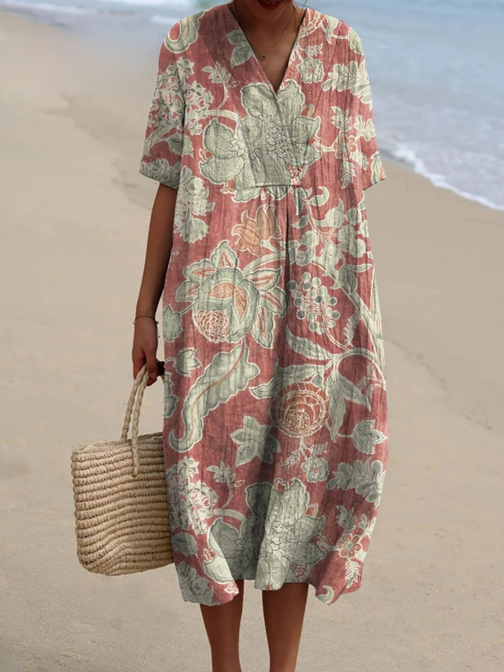 Women's Vintage Floral Art Print Flowing Dress