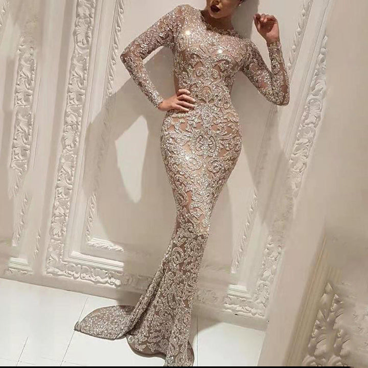 Sleek Long Sleeve Women's Dress with Elegant Bronzed Accents