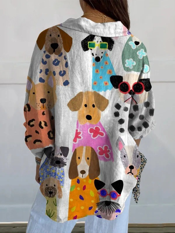 Women's Minimalist Colorful Cartoon Puppy Print Casual V-neck Shirt