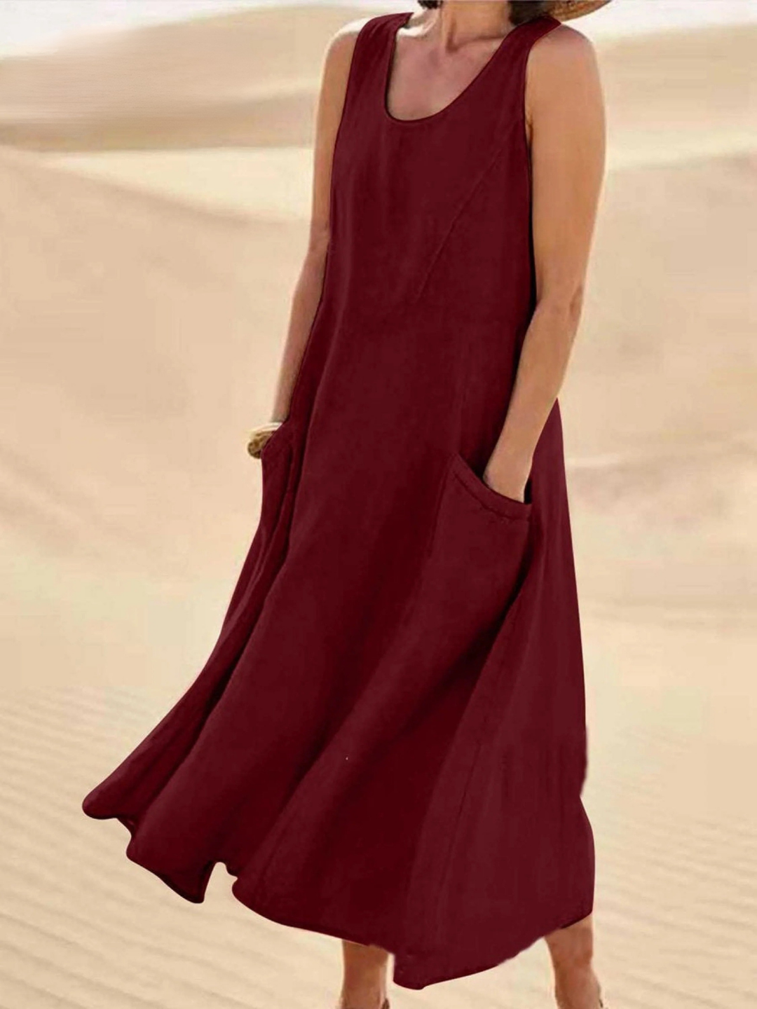 Women Sleeveless Sundress Elegant Round Neck Solid Long Tank Casual Summer Dress