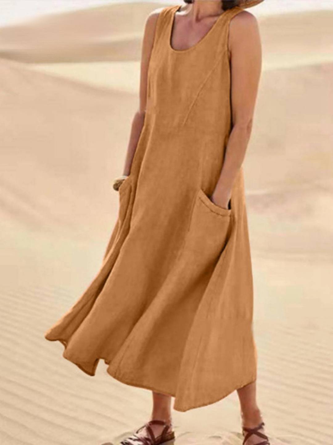 Women Sleeveless Sundress Elegant Round Neck Solid Long Tank Casual Summer Dress