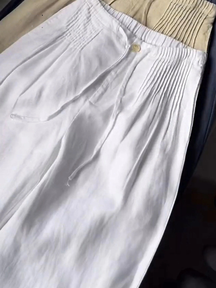 Women's Solid Color Pleated Drawstring Casual and Wide Leg Pants