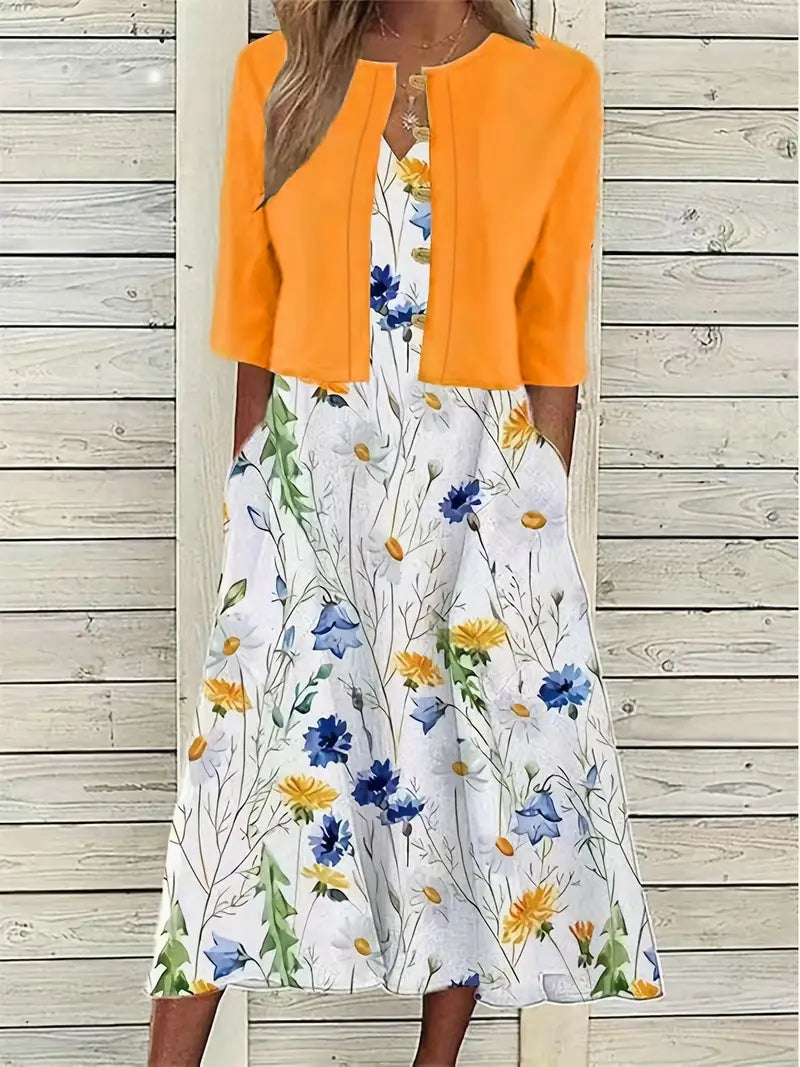Stylish Floral Two-Piece Dress Set with Solid Crop Top and Round Neckline