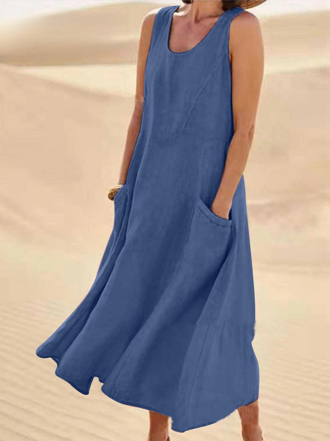 Women Sleeveless Sundress Elegant Round Neck Solid Long Tank Casual Summer Dress