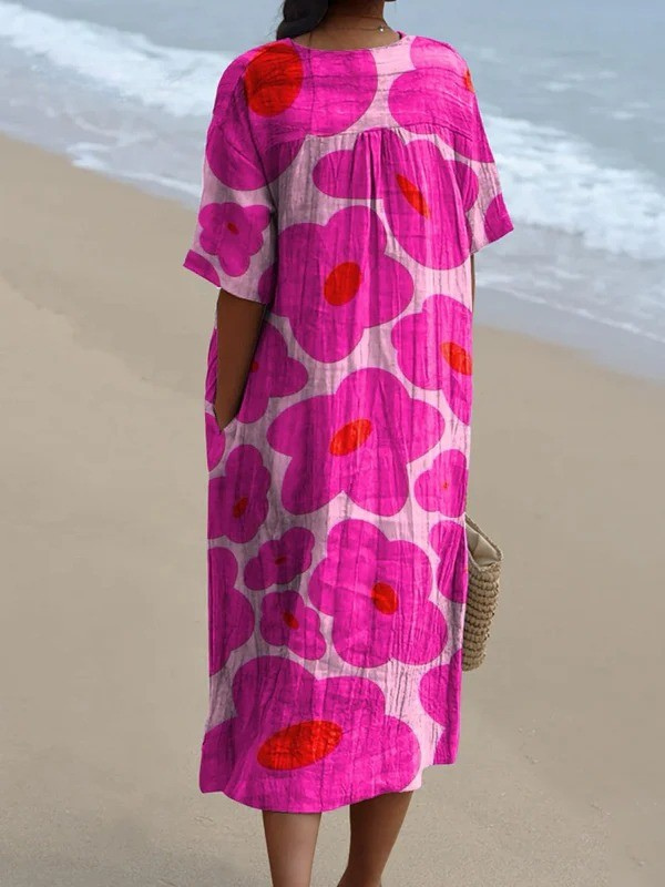 Vibrant Pink Floral Pattern Printed Women's Flowy Dress