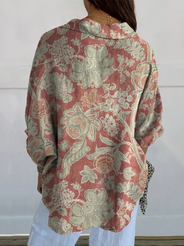 Women's Vintage Hand Painted Floral Art Print Casual V Neck Shirt