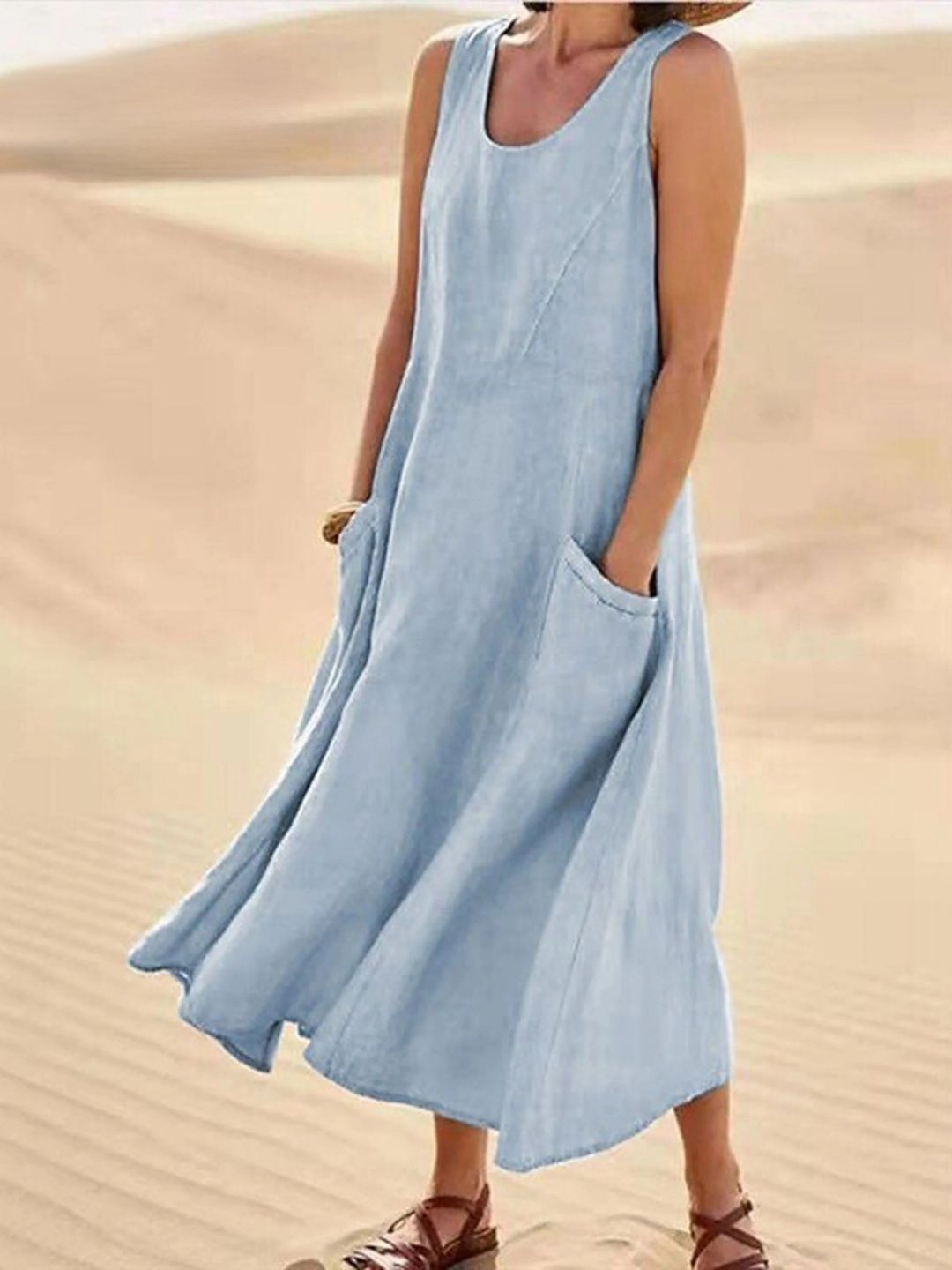 Women Sleeveless Sundress Elegant Round Neck Solid Long Tank Casual Summer Dress