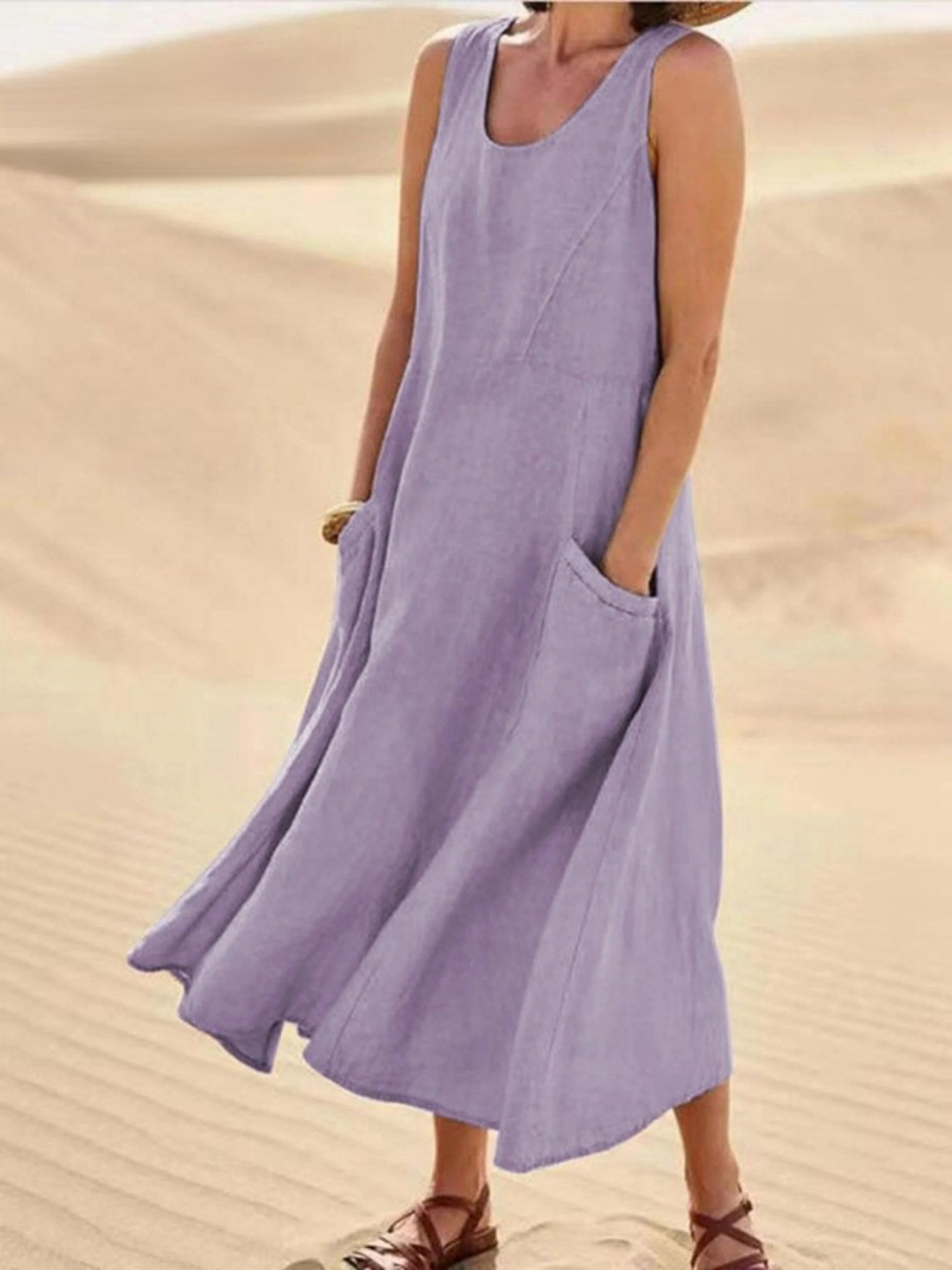 Women Sleeveless Sundress Elegant Round Neck Solid Long Tank Casual Summer Dress