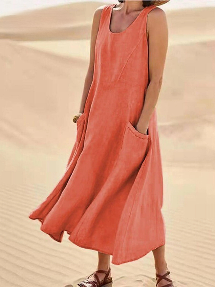 Women Sleeveless Sundress Elegant Round Neck Solid Long Tank Casual Summer Dress