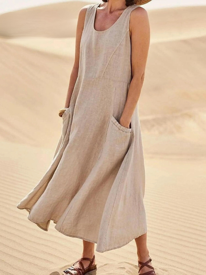 Women Sleeveless Sundress Elegant Round Neck Solid Long Tank Casual Summer Dress