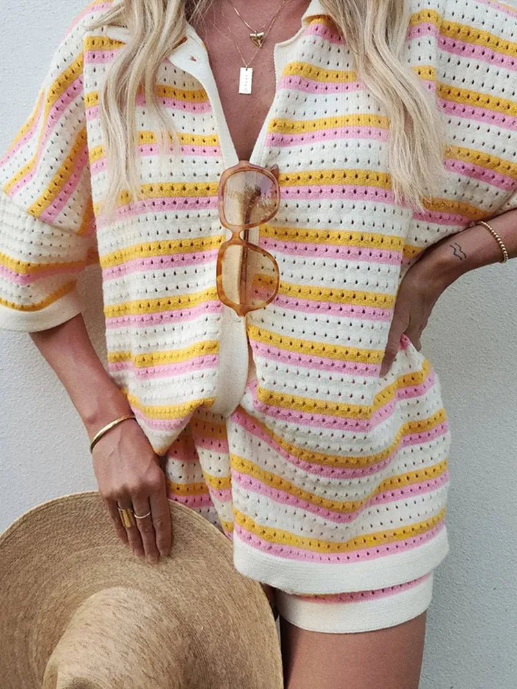 Striped Contrast Women's Two-Piece Knit Set