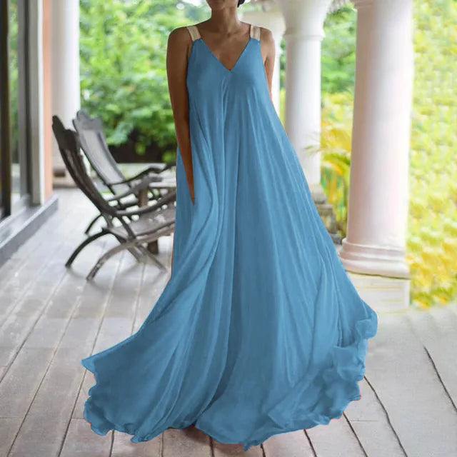 Chloë - Women's Summer Sleeveless V-Neck Boho Maxi Dress, Solid Color, Relaxed Fit
