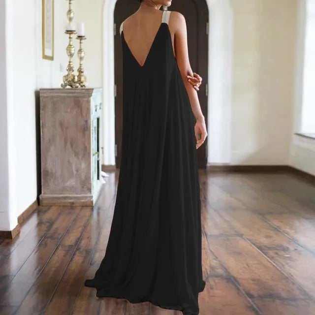 Chloë - Women's Summer Sleeveless V-Neck Boho Maxi Dress, Solid Color, Relaxed Fit