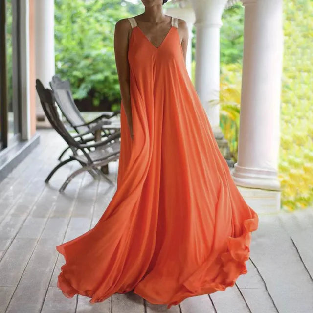 Chloë - Women's Summer Sleeveless V-Neck Boho Maxi Dress, Solid Color, Relaxed Fit