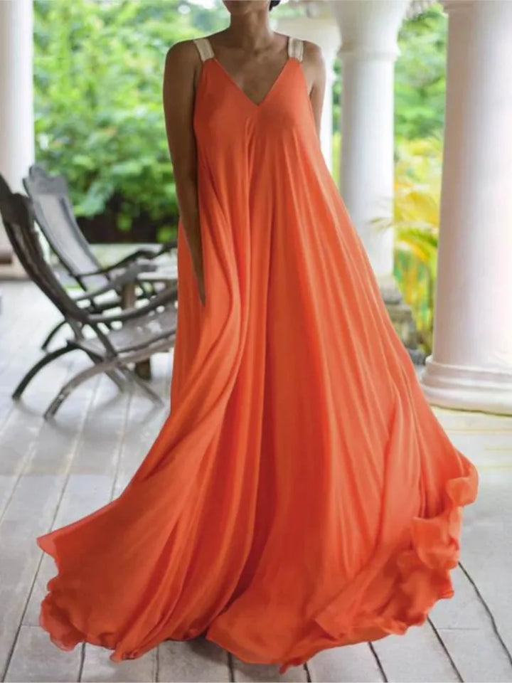 Chloë - Women's Summer Sleeveless V-Neck Boho Maxi Dress, Solid Color, Relaxed Fit