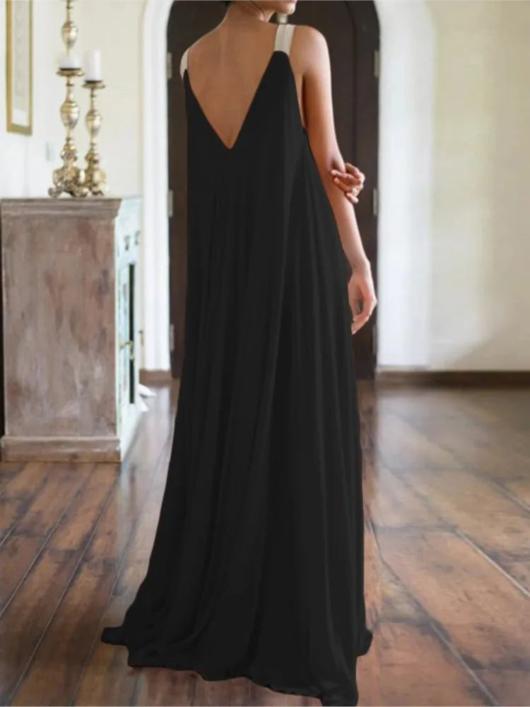 Chloë - Women's Summer Sleeveless V-Neck Boho Maxi Dress, Solid Color, Relaxed Fit