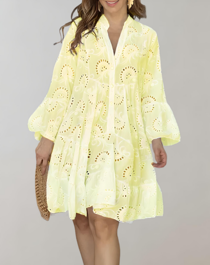 Chic V-Neck Embroidered Dress with Bell Sleeves for Effortless Comfort