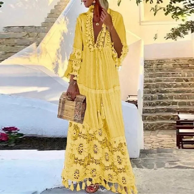 Bohemian Lace and Fringe Maxi Dress