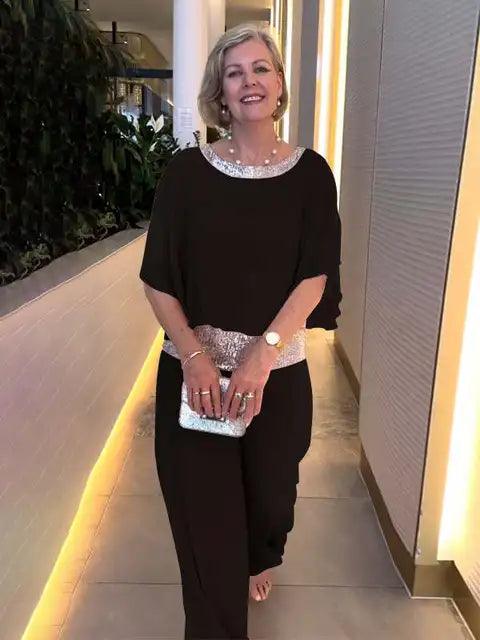 Elegant Evening Outfit: Glittering Top Paired with Palazzo Pants