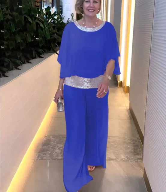 Elegant Evening Outfit: Glittering Top Paired with Palazzo Pants