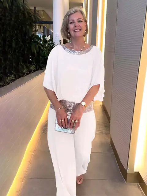 Elegant Evening Outfit: Glittering Top Paired with Palazzo Pants