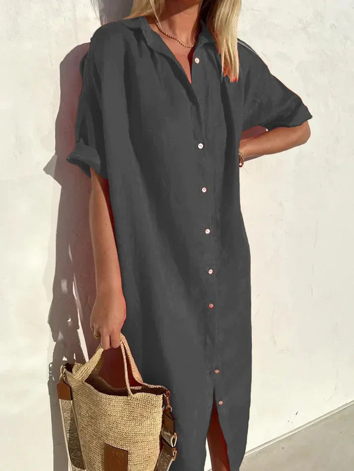 Stylish Women's Casual Dress with Wide Sleeves and Button Accents