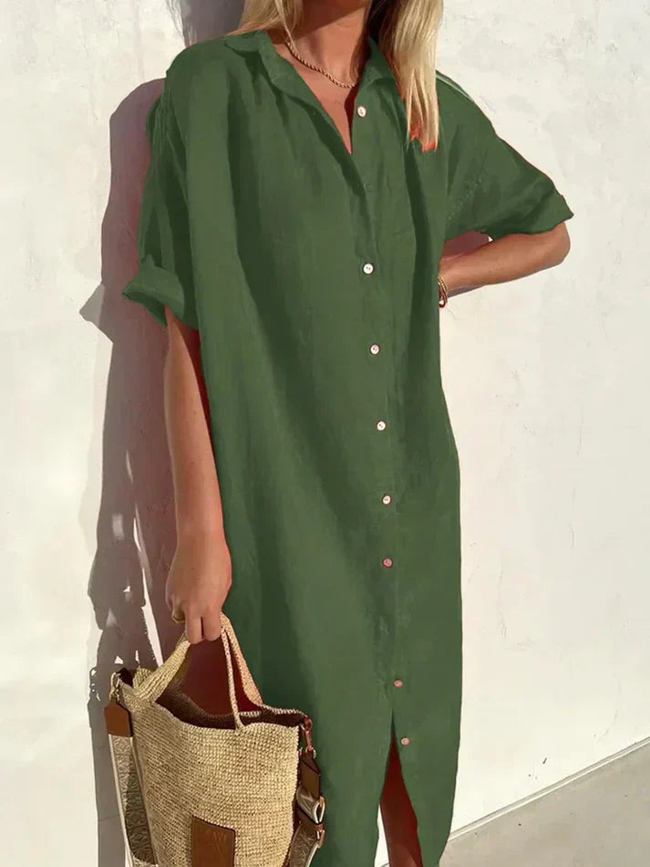 Stylish Women's Casual Dress with Wide Sleeves and Button Accents
