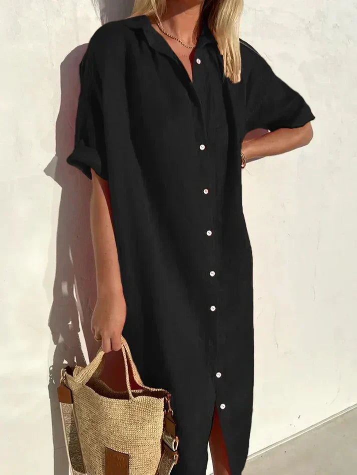 Stylish Women's Casual Dress with Wide Sleeves and Button Accents