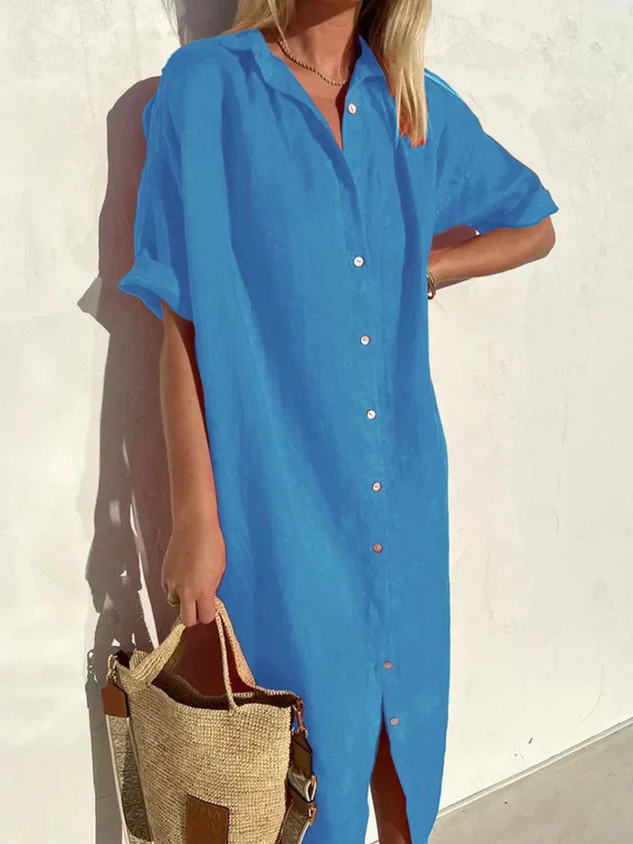Stylish Women's Casual Dress with Wide Sleeves and Button Accents