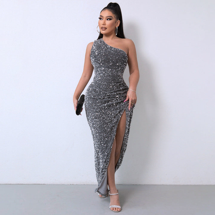 Elegant One-Shoulder Sequin Gown with Striking High Slit
