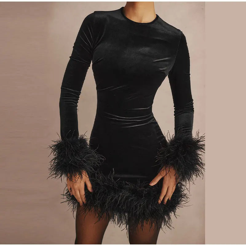 Elegant Sheath Dress with Feather-Trimmed Sleeves