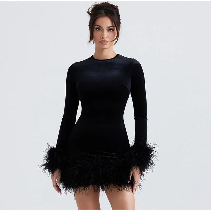 Elegant Sheath Dress with Feather-Trimmed Sleeves