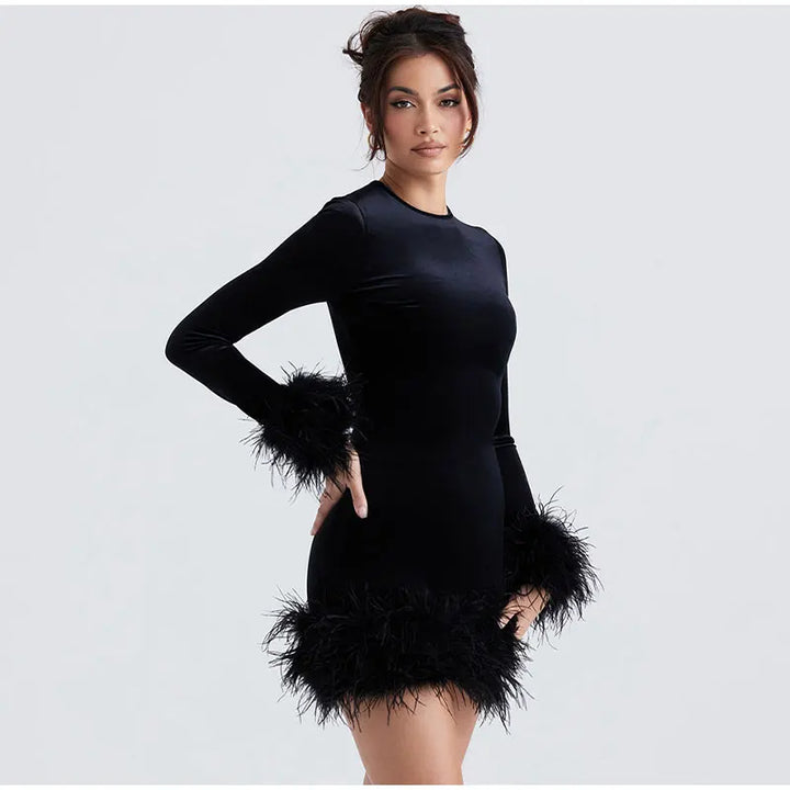 Elegant Sheath Dress with Feather-Trimmed Sleeves