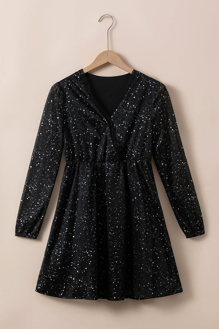 Elegant Black Glitter Dress with Stylish Mesh Overlay