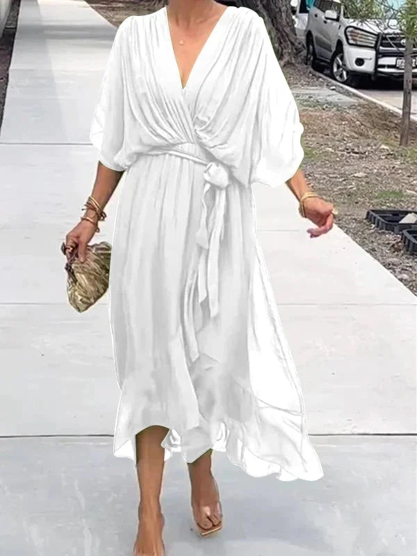 Women's Green V-Neck Chiffon Dress for Summer