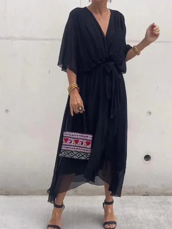 Women's Green V-Neck Chiffon Dress for Summer