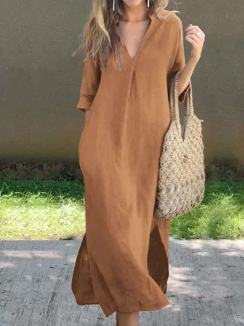 V-Neck Solid Dress for Women with Convenient Pockets